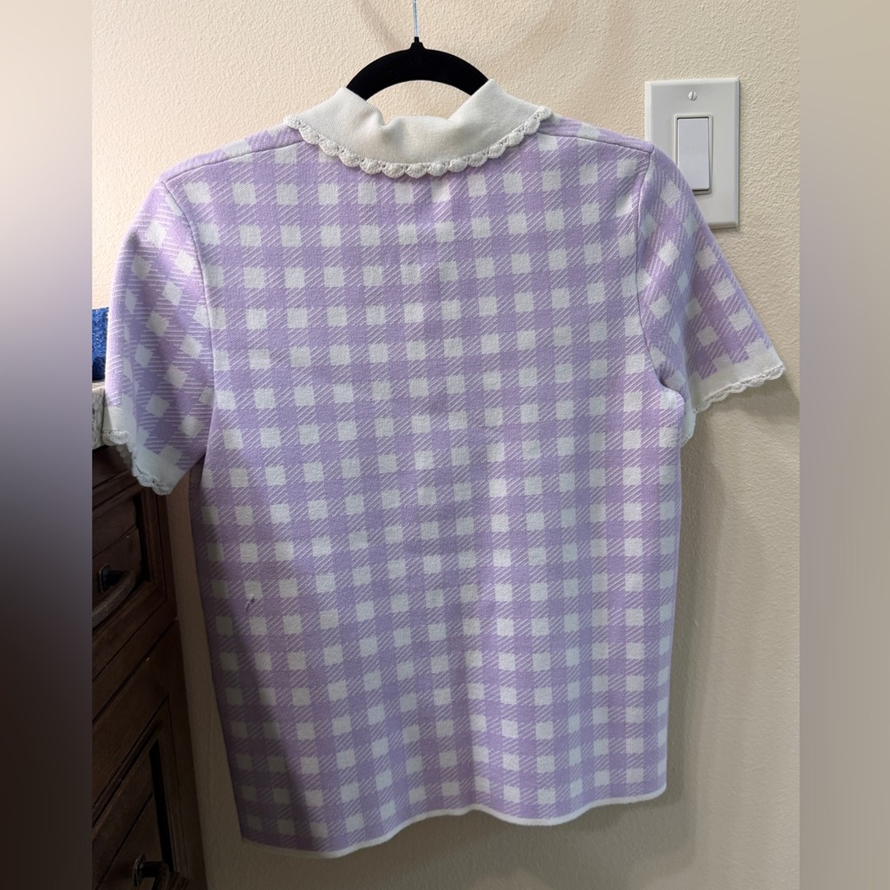 Maje woman’s Lavender Gingham Collared Knit Top with Scalloped Trim - Picture 7 of 8